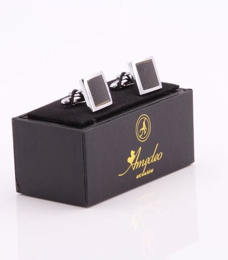Mens Stainless Steel Silver + Black Carbon Fiber Square Cufflinks for Shirt with Box – Hand