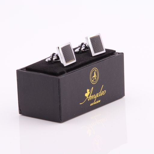 Mens Stainless Steel Silver + Black Carbon Fiber Square Cufflinks for Shirt with Box - Hand - Image 2